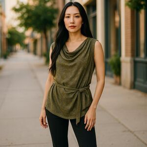 Indie Ella 100% Silk Wrap Top Women's OS Cowl Neck Tie Floral Green Handmade